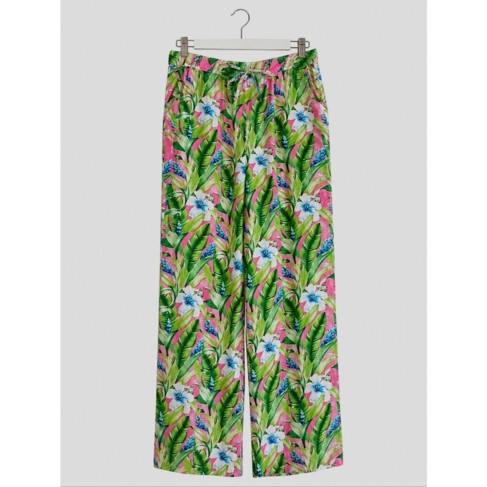 Tommy Bahama Tulum Blooms Tropical Botanical Green Pink Wide Leg Linen Pants